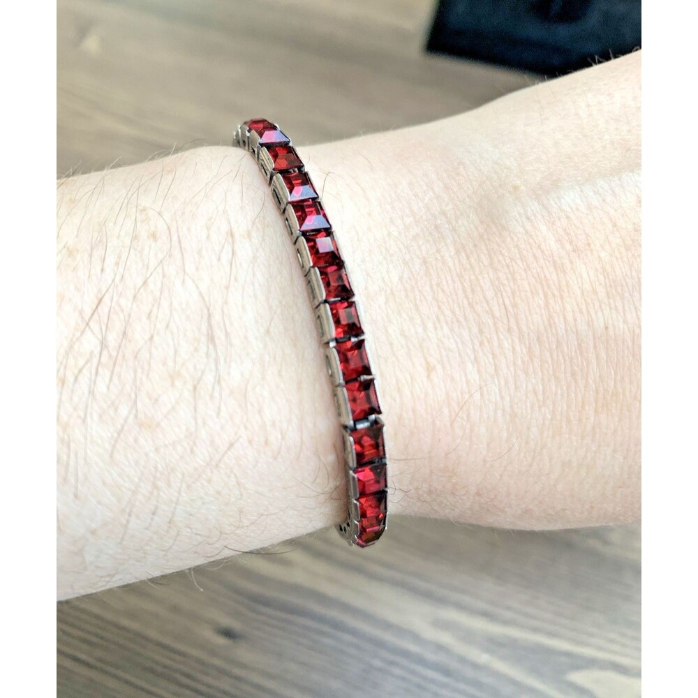 Vintage Red Rhinestone Tennis Bracelet 925 Sterling Silver Square Cut 7" - Picture 2 of 15